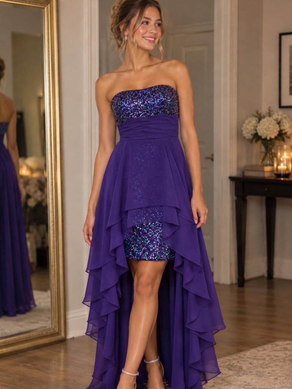 NEW Hailey Logan Adrianna Papell Royal Purple Sequin High Low Dress 3 Homecoming